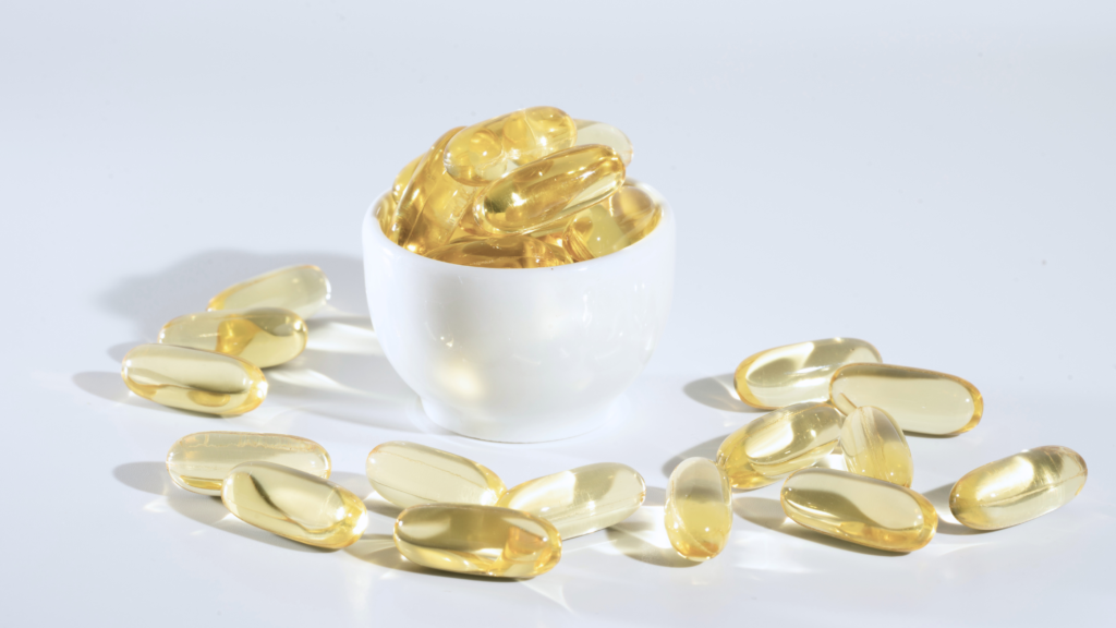 Food supplement oil filled fish oil, omega 3, omega 6, omega 9, vitamin A, vitamin D, vitamin E, flaxseed oil.